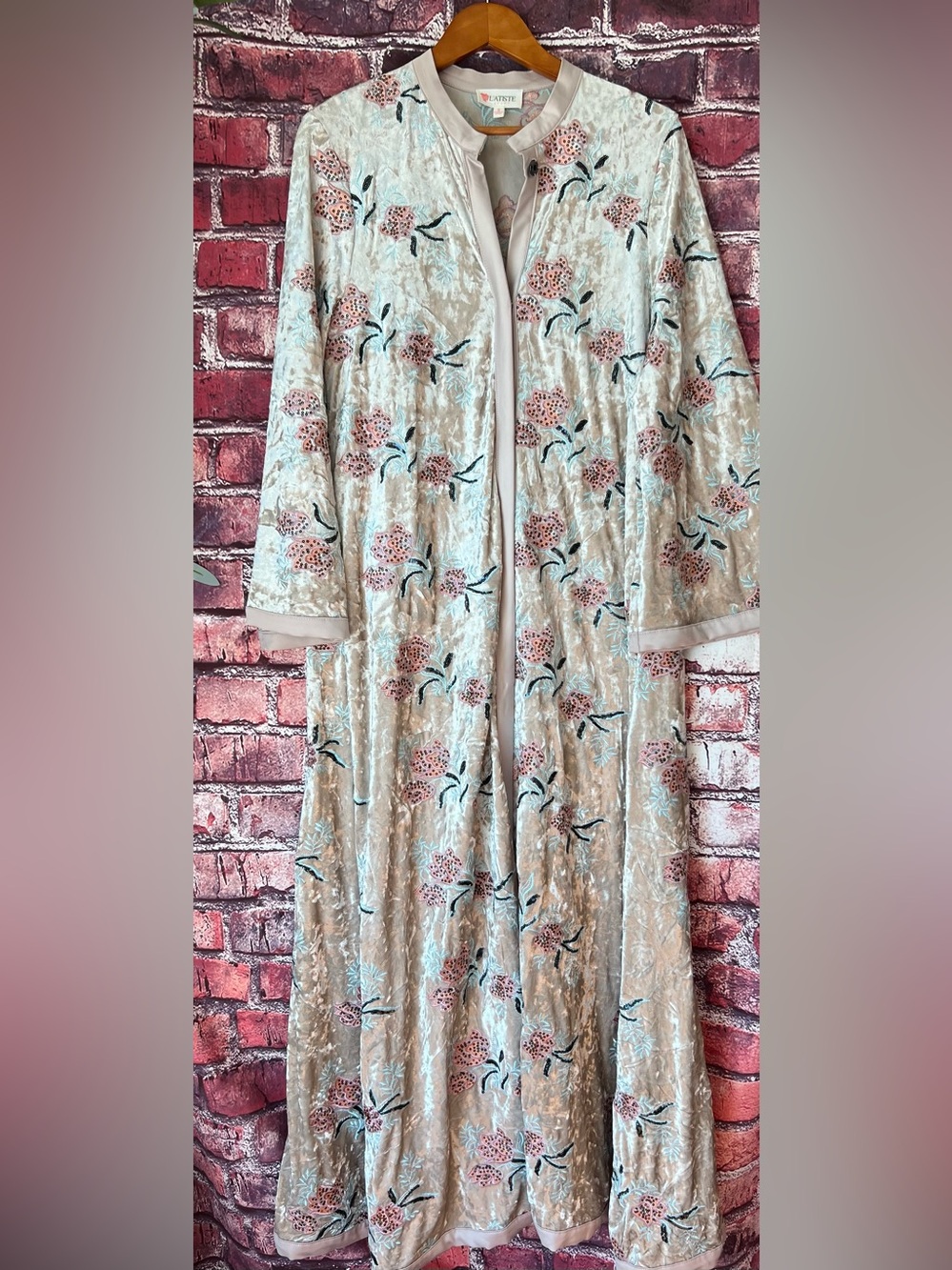 L'ATISTE Velvet Embroidered Floral Caftan Maxi Dress Long Duster Kimono